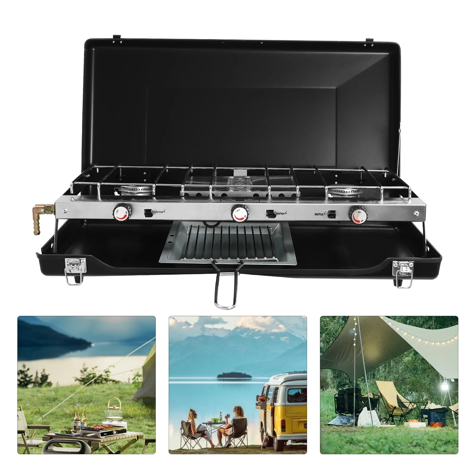 

3-Burner Portable Gas Camping Stove 4.5kW Adjustable Flame Control for Outdoor Cooking Picnic BBQ