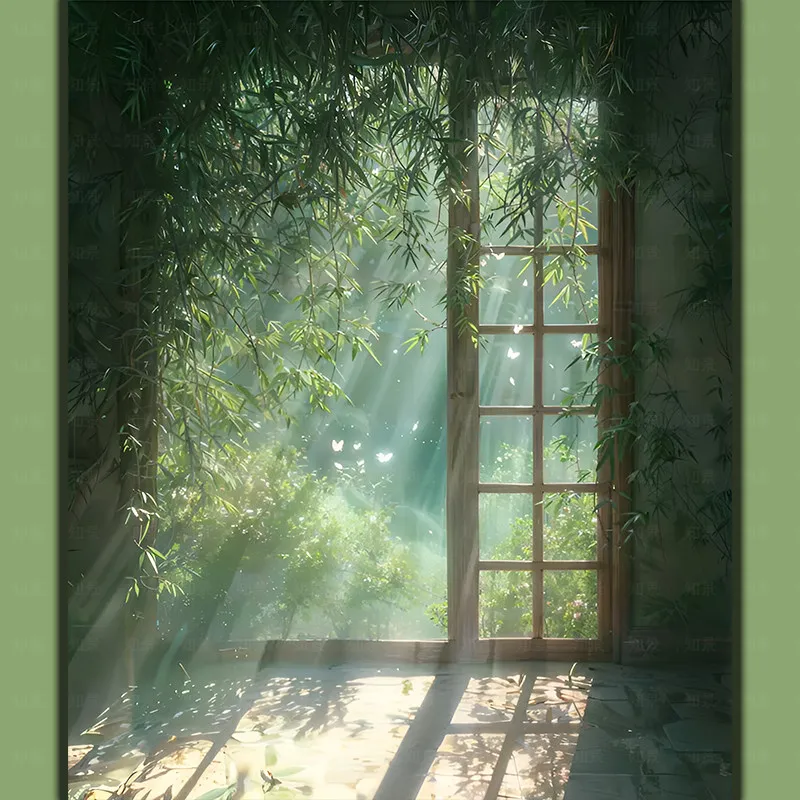 

Bamboo transparent floor-to-ceiling windows real three-dimensional background cloth wedding photo photography live