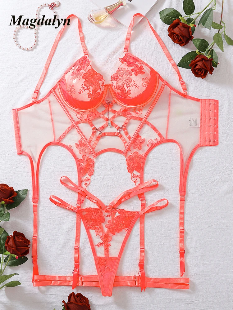 

Magdalyn Women Sexy Adult Mesh Embroidery Bra And Panties Set Erotic Lingerie Garters Sexy Hot Transparent Women's Underwear Set