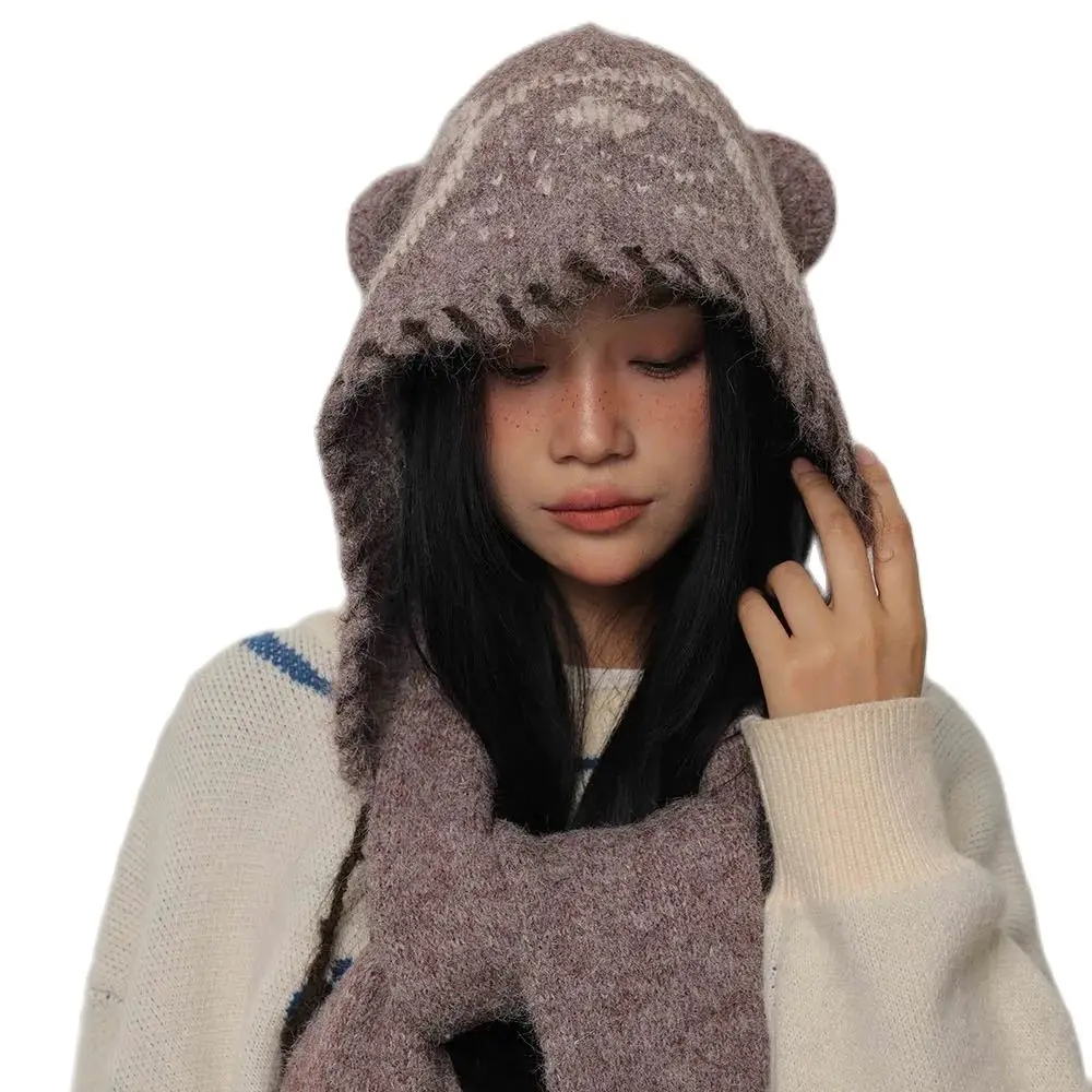 2024 Hat with earflaps Women's Winter Thickened Warm Knitted Wool Cap Hat and scarf integrated set Cold Cap Large Head Surround