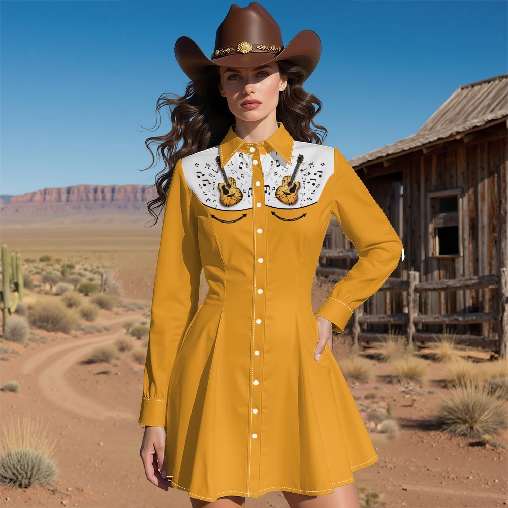 فستان راعية البقر من Punk Rock للنساء على شكل جمجمة وموسيقى ملاحظة مطبوعة بأكمام طويلة فستان متوسط الطول باللون الأرجواني على الطراز القوطي الغربي