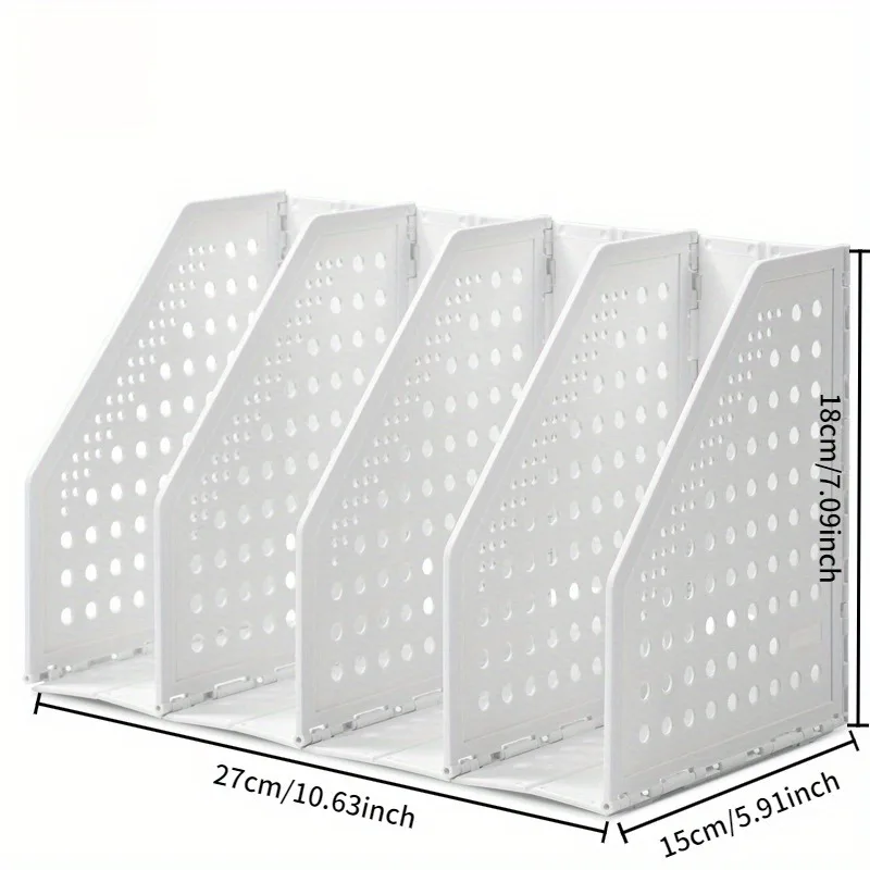 Heavy Duty Foldable Magazine File Organizer, 4 Vertical Compartments Plastic Document Rack, Space Saving for Office Home Library