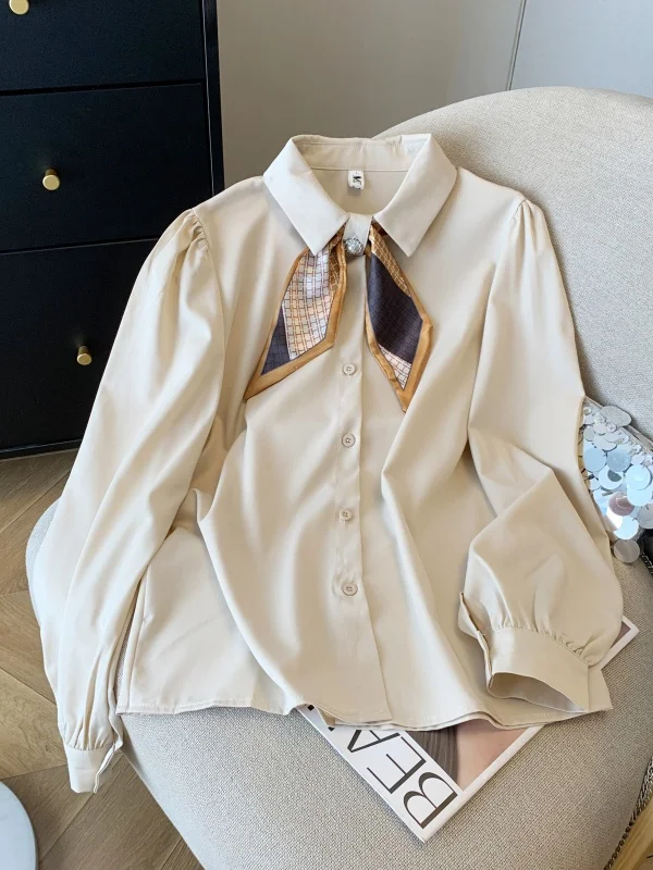 

Элегантная женская блузка с длинным рукавом и шелковым шарфом-платком, повседневная, свободного кроя, весна 2026, большие размеры, стройнящая, класса люкс