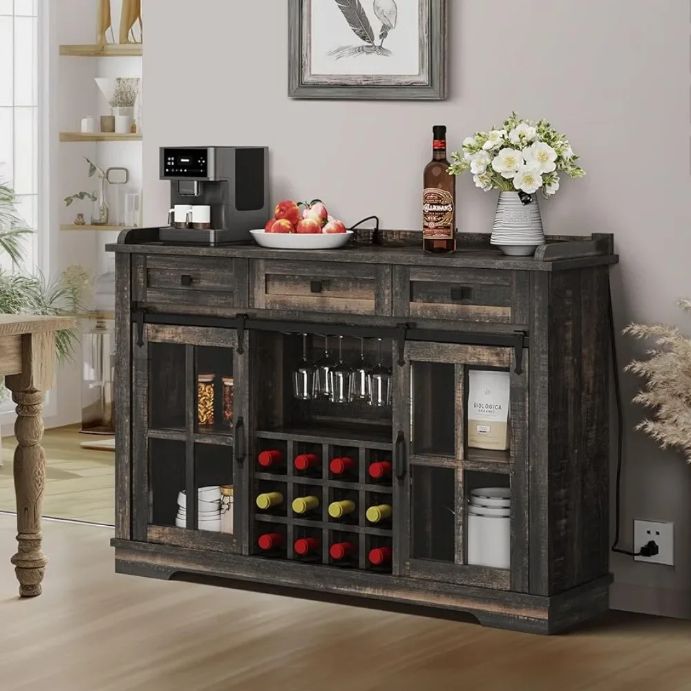 

Farmhouse Coffee Bar Cabinet，53” Kitchen Sideboard Buffet Cabinet with Storage, 3 Drawers & Sliding Barn Door, Storage Cabinet