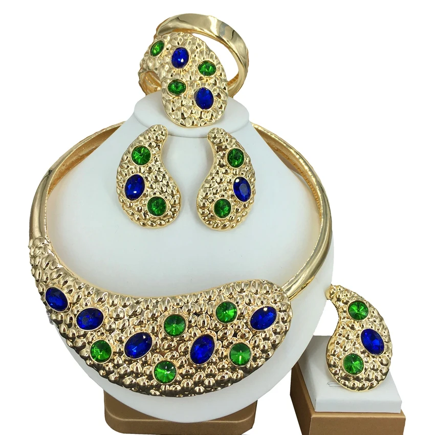 Hot Sale Italian Gold Plated Necklace Earrings Bracelet Ring Elegant Luxury Ladies Christmas Party Wedding Jewelry Set FHK14400