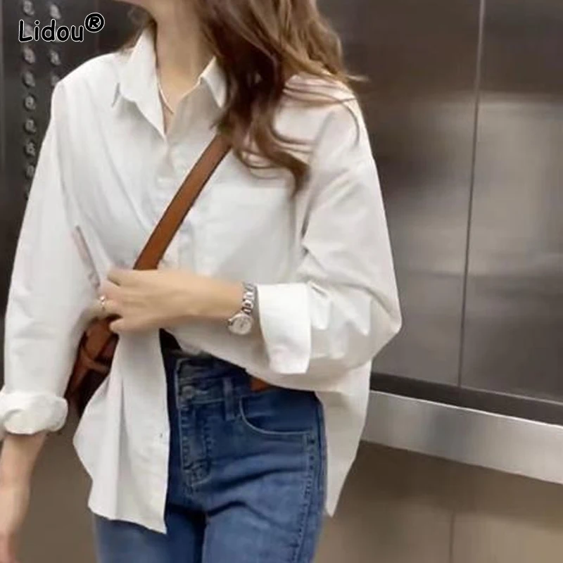 2023 Women\'s Clothing Solid Blouses Button Simplicity Turn-down Collar Loose Elegant Fashion Spring Summer Thin Korean Casual