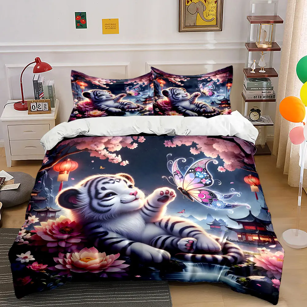 Fantasy tiger with floral butterfly Printed Duvet Cover Set1 Duvet Cover+2 PillowcaseMulti Size Bedroom Bedding Decoration