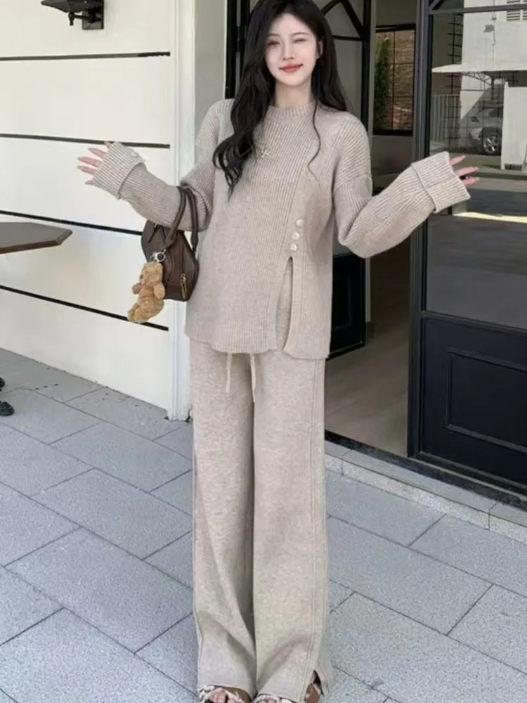 Casual Knitwear Wide Leg Pants Women Sets Round Neck Split Thick Warm Sweater And Loose Trouser Autumn Winter Two Pieces Outfits