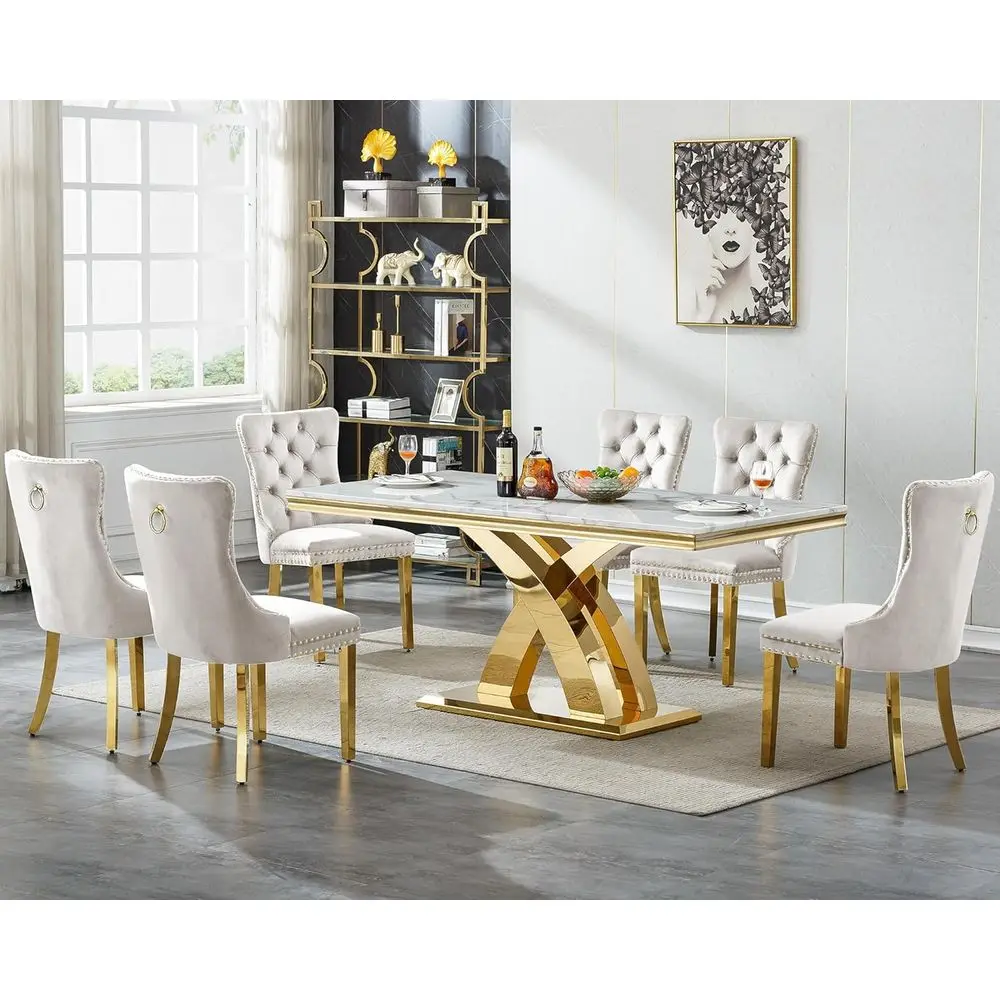 

68 Elegant Dining Table Set with 6 Chairs, White Marble Kitchen Table and 6 Chairs, 7-Piece Deluxe Gold Dining Set with 6 Beige