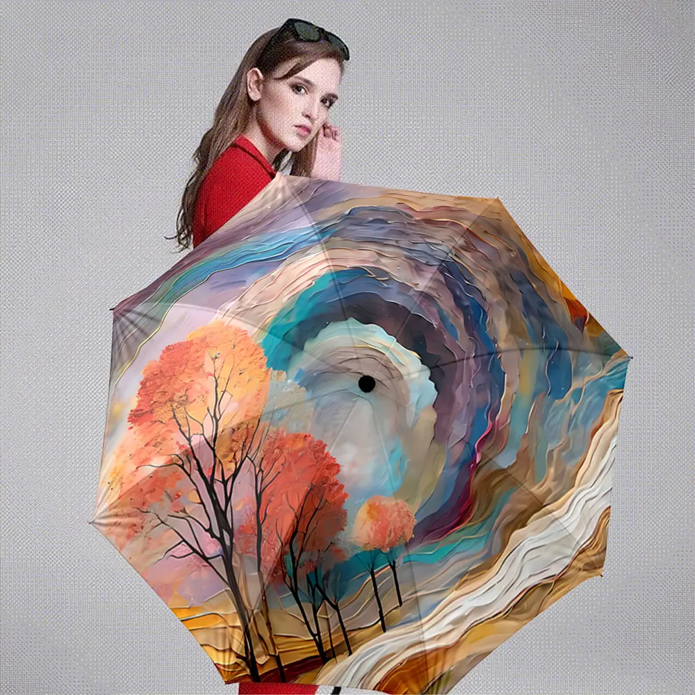 Abstract Colorful Forest Landscape Art Print, Portable Folding Umbrella, Gift for Family Friends