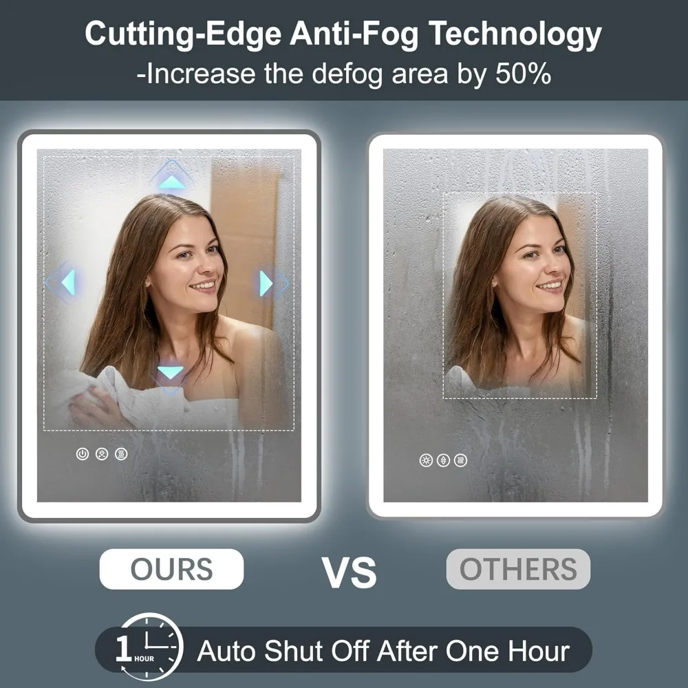 Espelho de banheiro LED regulável de 48 x 32 polegadas com iluminação frontal e traseira, bordas arredondadas, design sem moldura, três opções de cores e