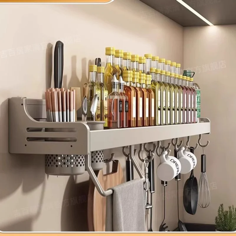 No Drill Wall Mount Aluminum Kitchen Utensil Rack Multi Zoned Knife Spice Chopstick Storage Organizer Windproof Drain Design