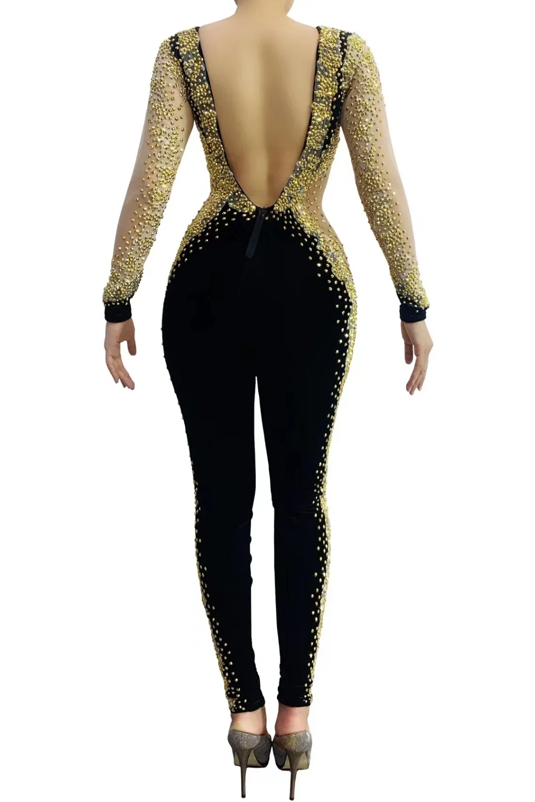 Evening Birthday Backless Black Velvet leggings Women Dancer Bar Costume Gold Rhinestone Long Sleeve Transparent Jumpsuit