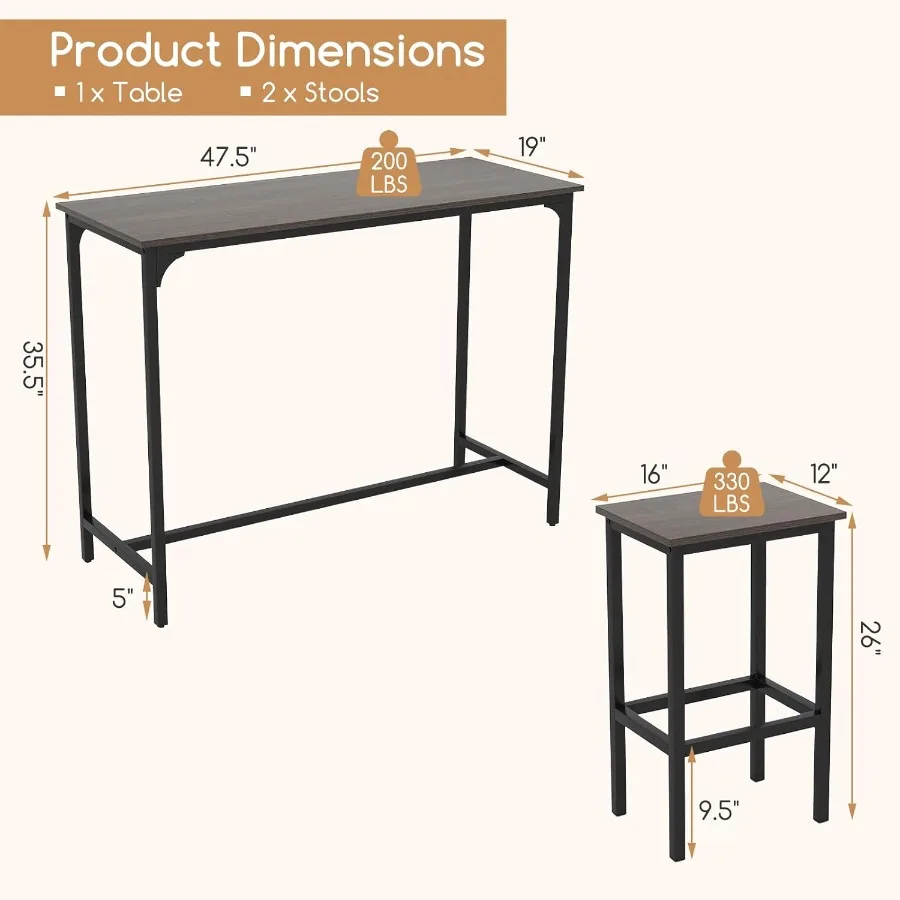 3-Piece Dining Table Set 47.5 Industrial Counter-Height Kitchen Table and 2 Bar Stools High Top Rectangular Pub Table and Chair