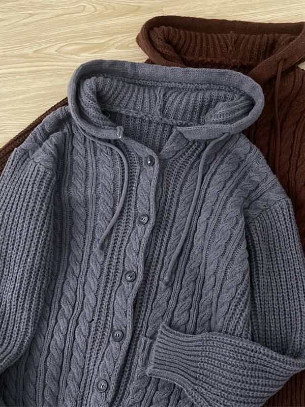 

Мужское вязаное теплое пальто с капюшоном, американский зимний свитер, повседневная одежда, длинный дизайн на пуговицах све, обычная длина