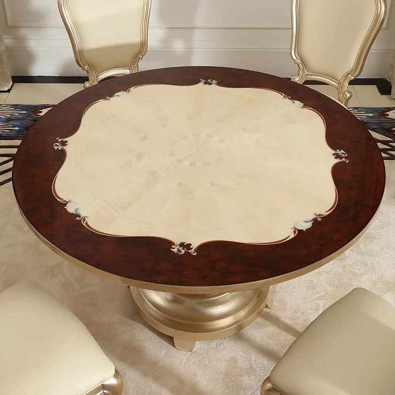 French retro luxury solid wood round table restaurant European dining table leather dining chair combination furniture