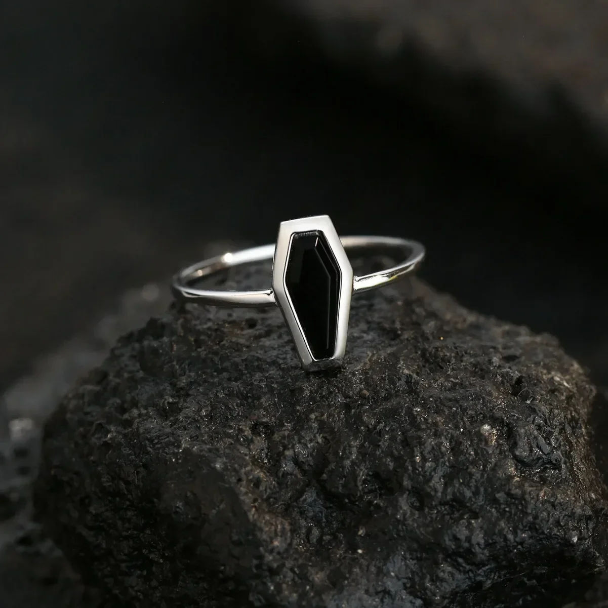 Unisex 925 Sterling Silver Black Agate Coffin Ring, Unique Style