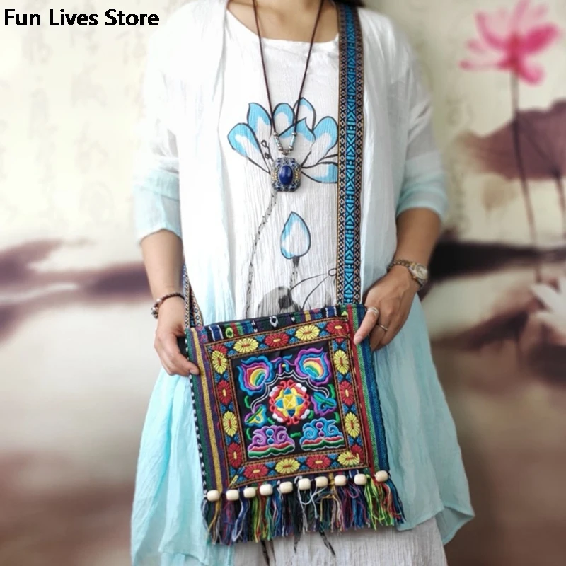 Thailand Fashion Shoulder Bags Summer Beach Handbag for Women Vintage Tribal Crossbody Bag Embroidery Ethnic Purse Long Tassel