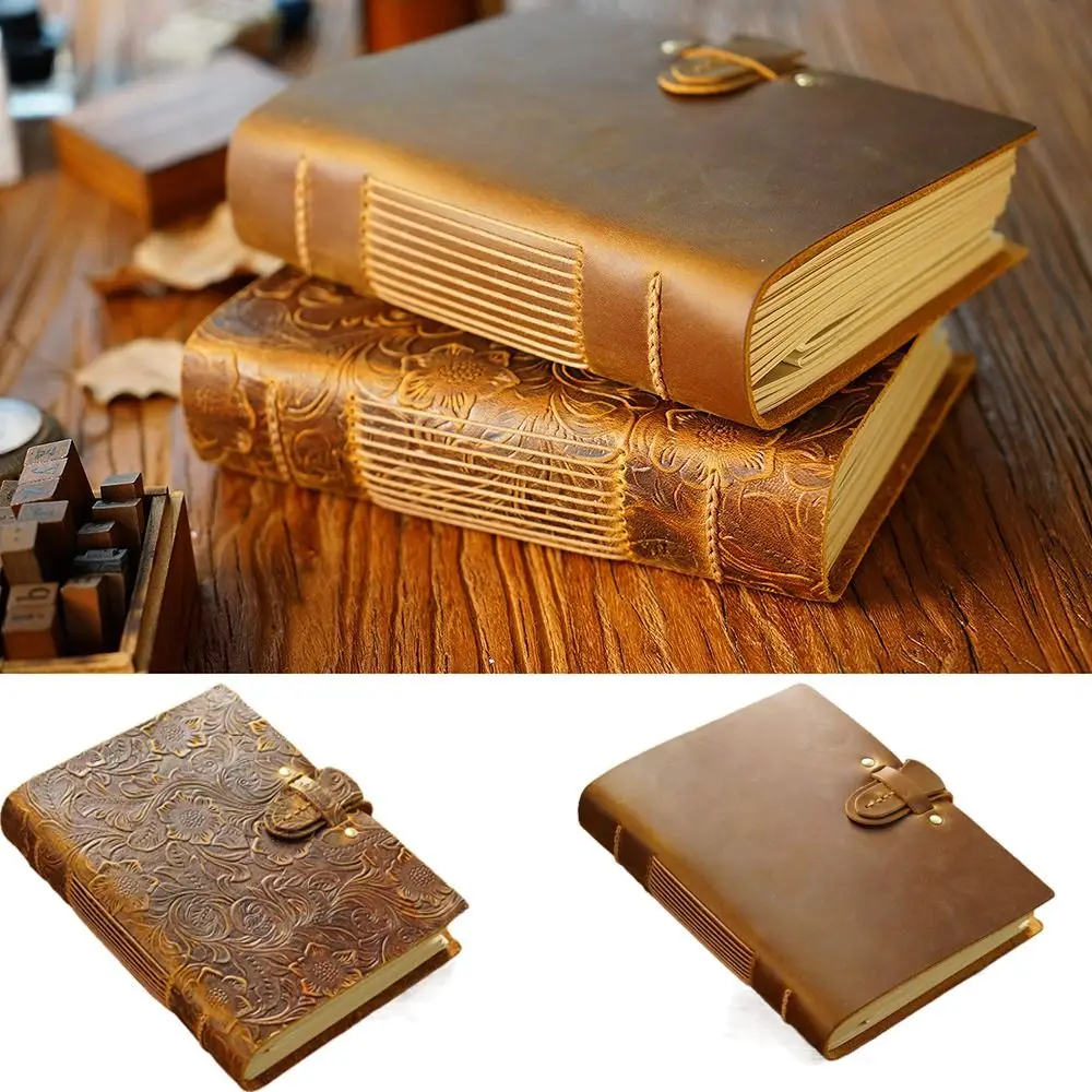 

Handmade Leather Bound Journal Thick Genuine Leather Cover Vintage Sketch Notebook Unlined Blank Pages Daily Notepad Gift