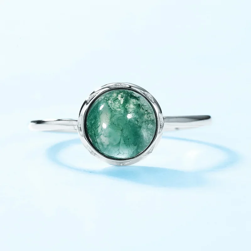 Plain Aquatic Agate Ring for Women 18K Gold Inlaid with Colored Baby Stones PT950 Platinum Green Moss Stone Ring