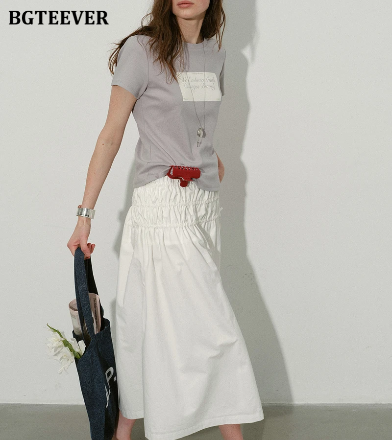 BGTEEVER Summer Loose Midi Skirt for Women High Waist Pleated Drawstring Bow Tie Skirt