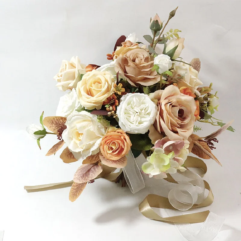 33X30cm Bridal Bouquet Home Floral Business Event Wedding Orange Coffee Color Simulation Flower Bundle Bridal Handheld Flower594