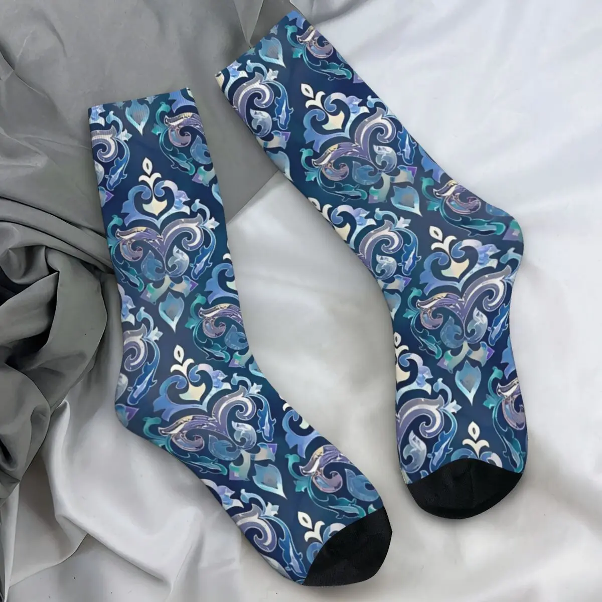 Blue Ornate Floral Mediterranean Sicilian Tile Stockings Men's Geometric Abstract Socks Gothic Socks Winter Anti Slip Socks Gift