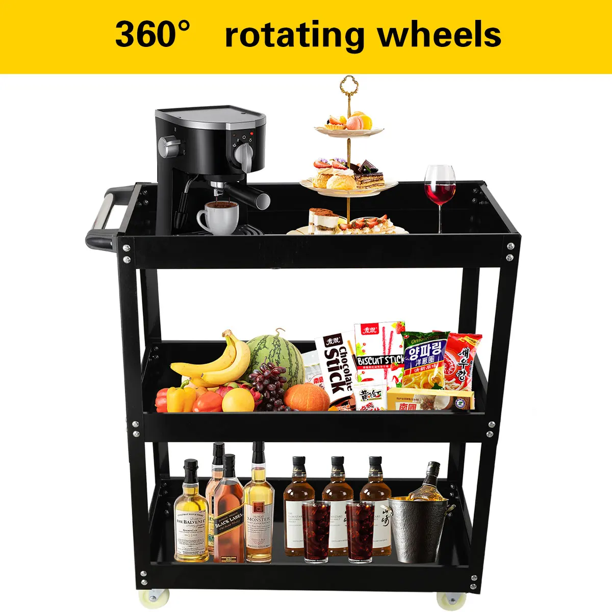 عربة دوارة من 3 طبقات مع عربة تخزين منظم للعجلات مع مقابض وعجلات قابلة للقفل منظم سلة تخزين متعدد الوظائف