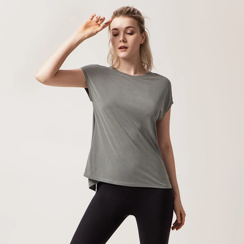 Women's Split Side Yoga Top Sexy Open Back Fitness T-shirt Loose Fit Workout Tee Running Sports Cover Gym Wear Woman Clothing