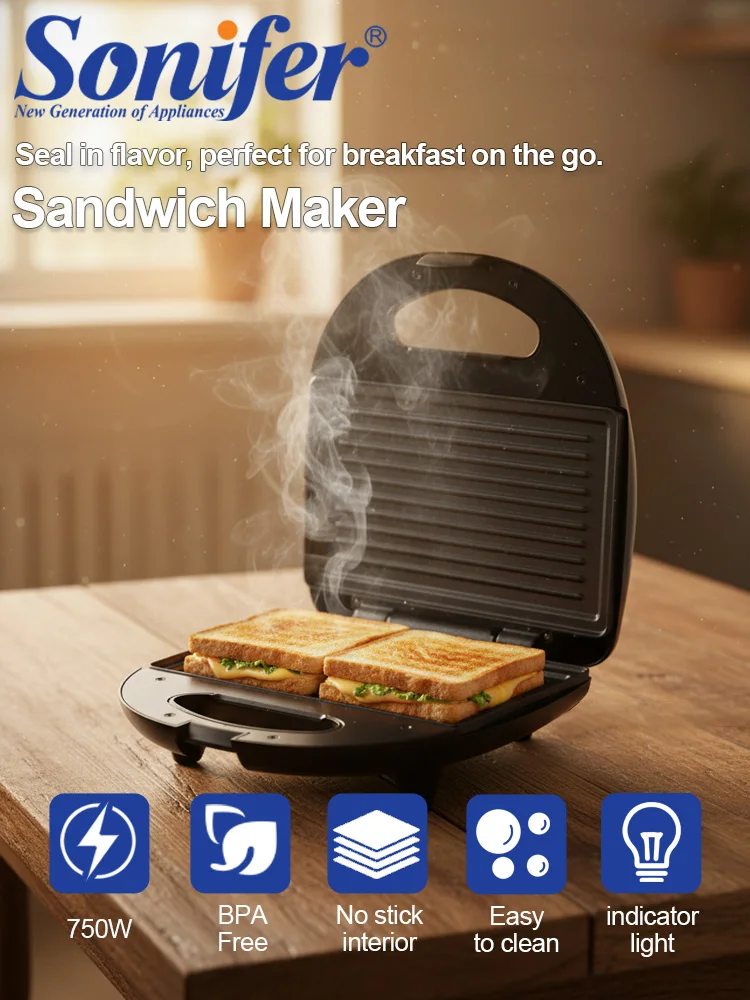 Sandwich Maker Sonifer SF-6173 750W Non Stick Panini Press Electric Grill Breakfast Machine Space Saving Kitchen Appliance