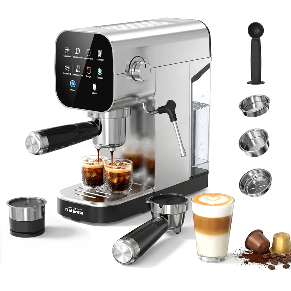 Patbrela 20Bar Halbautomatische Espresso-Kaffeemaschine mit Doppelwassersystem, Echte Kaltbrüh-Kaffeemaschine mit 4-in-1 Siebträger, Professionelle Espressomaschine