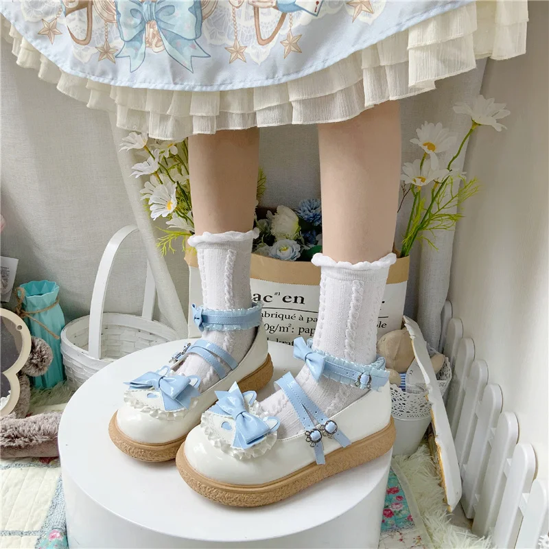 Low Heel Cute Lolita Shoes Japanese Lolita Big Round Cat Ear Bow Double Buckle Pu Loli Sweet Girls Student Kawaii Cosplay Gothic