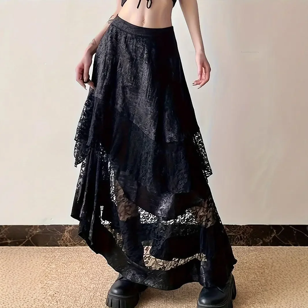 2026 Gothic Vintage Black Midi Skirt Aesthetics Y2k Lace Irregular Skirt French Style Elegant Casual Skirt Woman Design Chic view 2