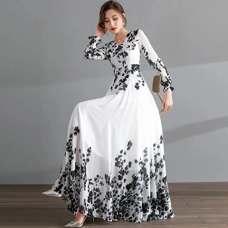 Ink Painting Long-Sleeved Chiffon Dress Women 2023 Spring Summer New Temperament Is Thin and Long Large Swing Holiday Long Skirt