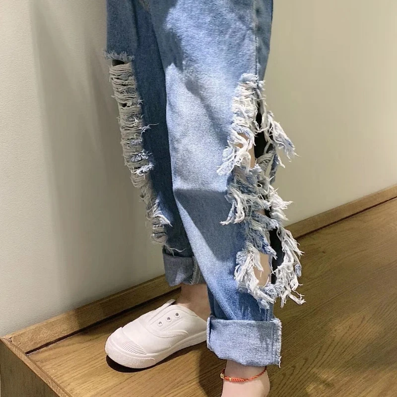 

Boys Girls Side Seam Ripped Jeans Fashion Tassels Design Kids Clothing 2 3 4 5 6 7 8 Years Loose Retro Light Blue Trousers