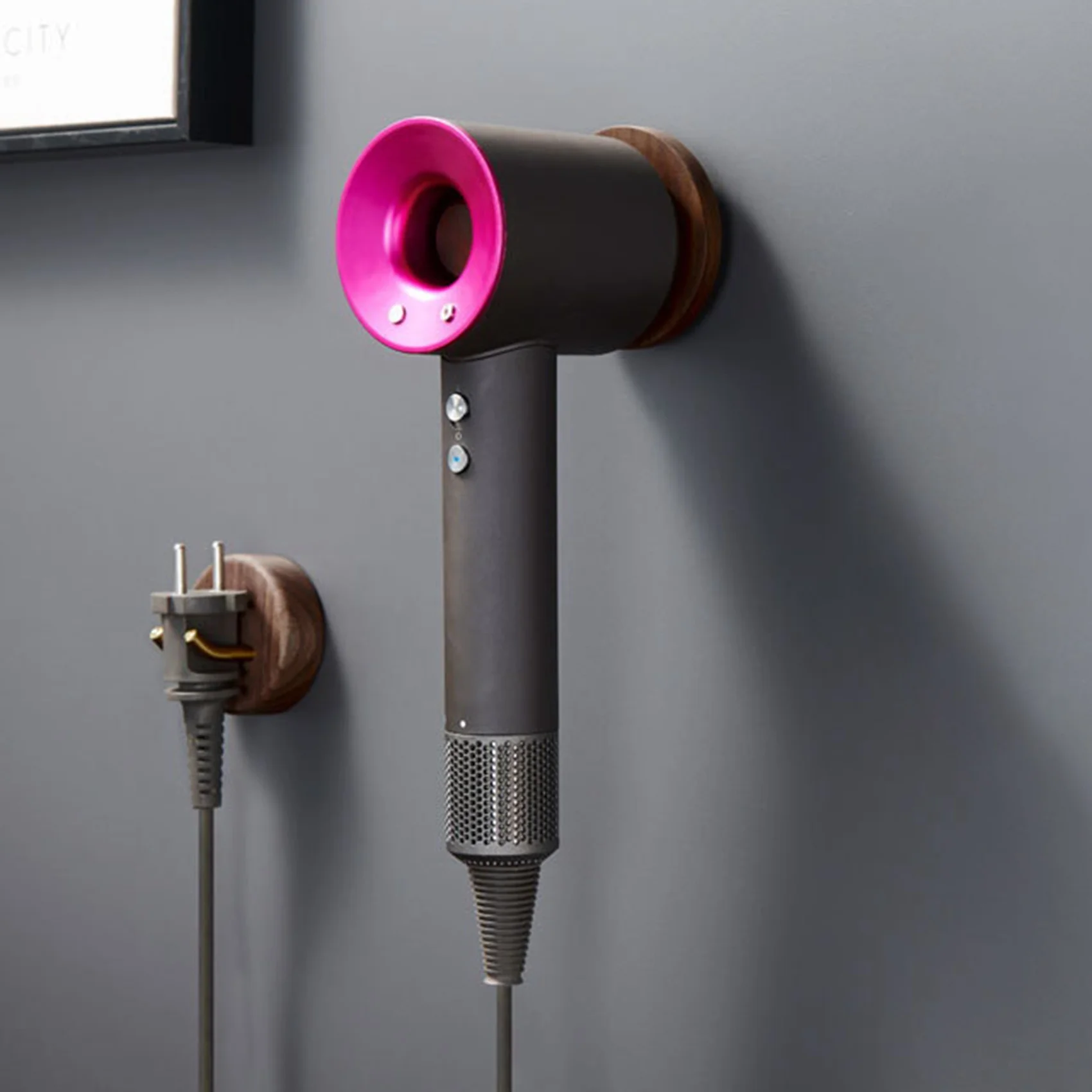 El nuevo juego de soporte para secador de pelo montado en la pared para soporte de madera maciza accesorios de baño estante organizador B