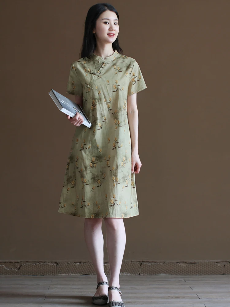 Retro Chinese-style improved cheongsam skirt summer pure cotton literary and loose a-word dress