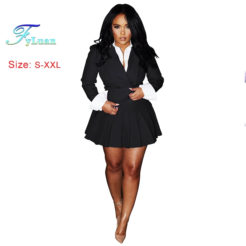 Nuove donne di colore solido minigonne a pieghe vestito elegante abito a maniche lunghe top cappotti una linea gonne pendolarismo femminile set a due pezzi