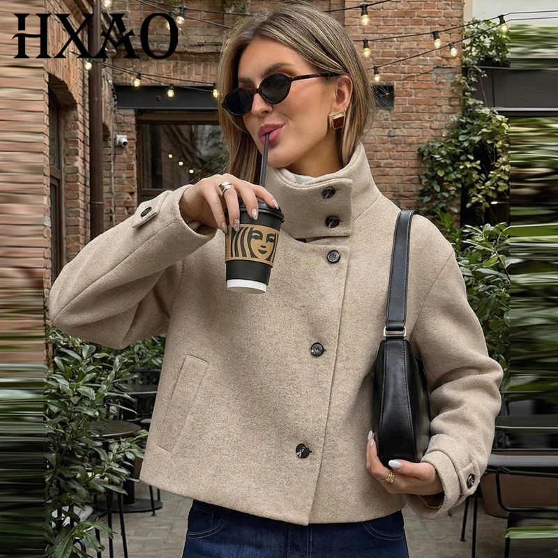 HXAO 2026 Women's Tweed Cropped Jacket Autumn Winter Button Black Khaki Long Sleeve High Neck Fleece Jacket Chic Streetwear Coat