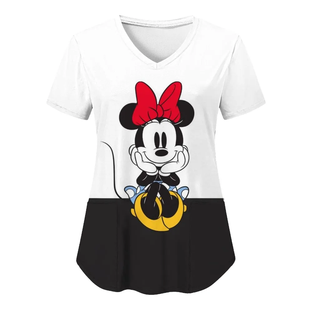 Woman Clothes Nurse Uniform T Shirt Hospital Tops Disney T-shirts Minnie Mouse T-shirt V Neck Top Women 2025 Mickey Pocket Tees
