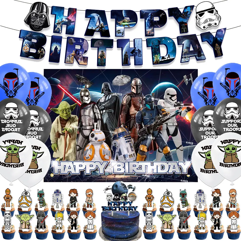 

Disney Star Wars Birthday Party Decoration Cartoon Yoda Master Robot Baby Shower Banner Flag Cake Topper Balloon Backdrop Decor