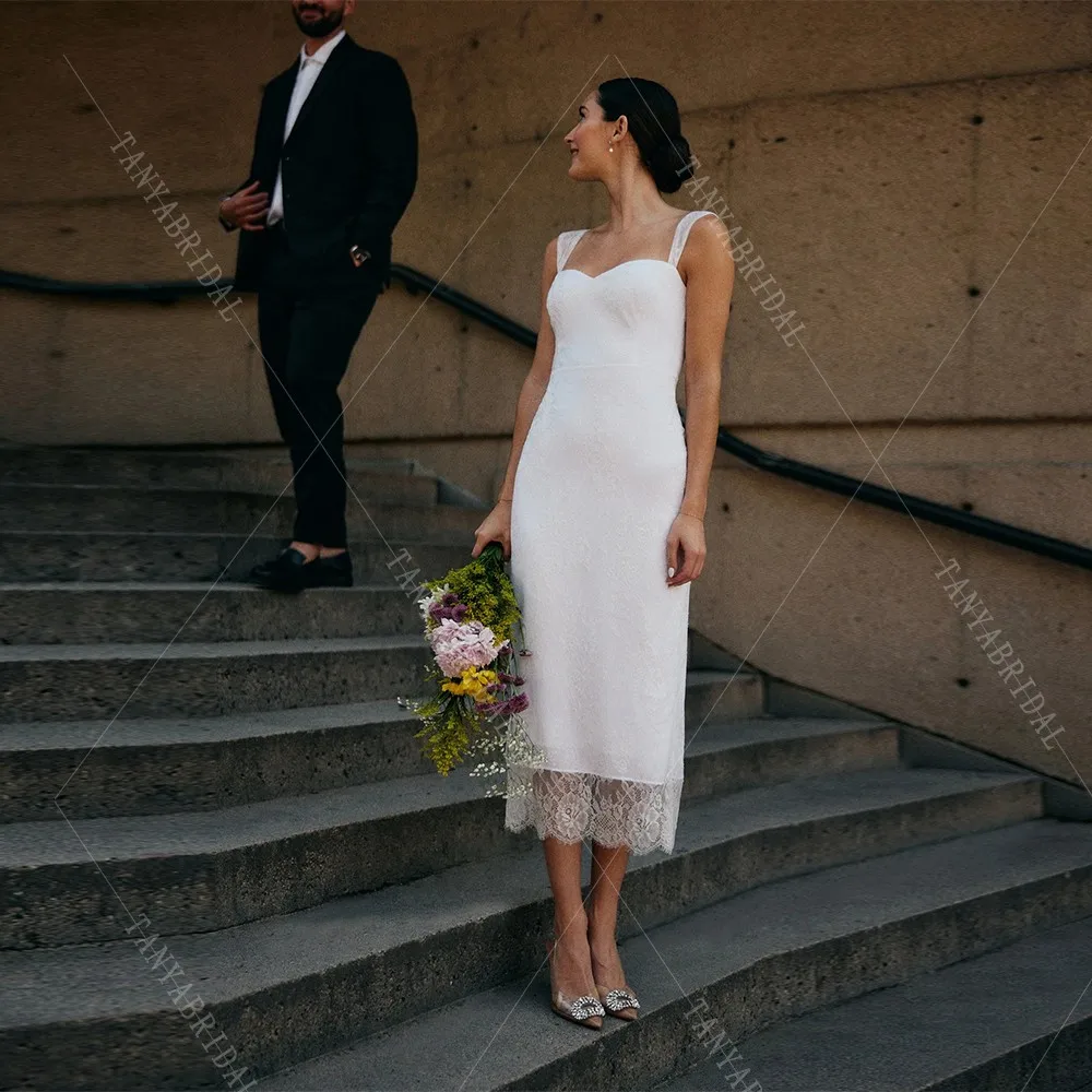 Vestido de novia elegante de encaje suave, escote corazón, sin mangas, longitud de té, sirena, tirantes finos, vestido de fiesta