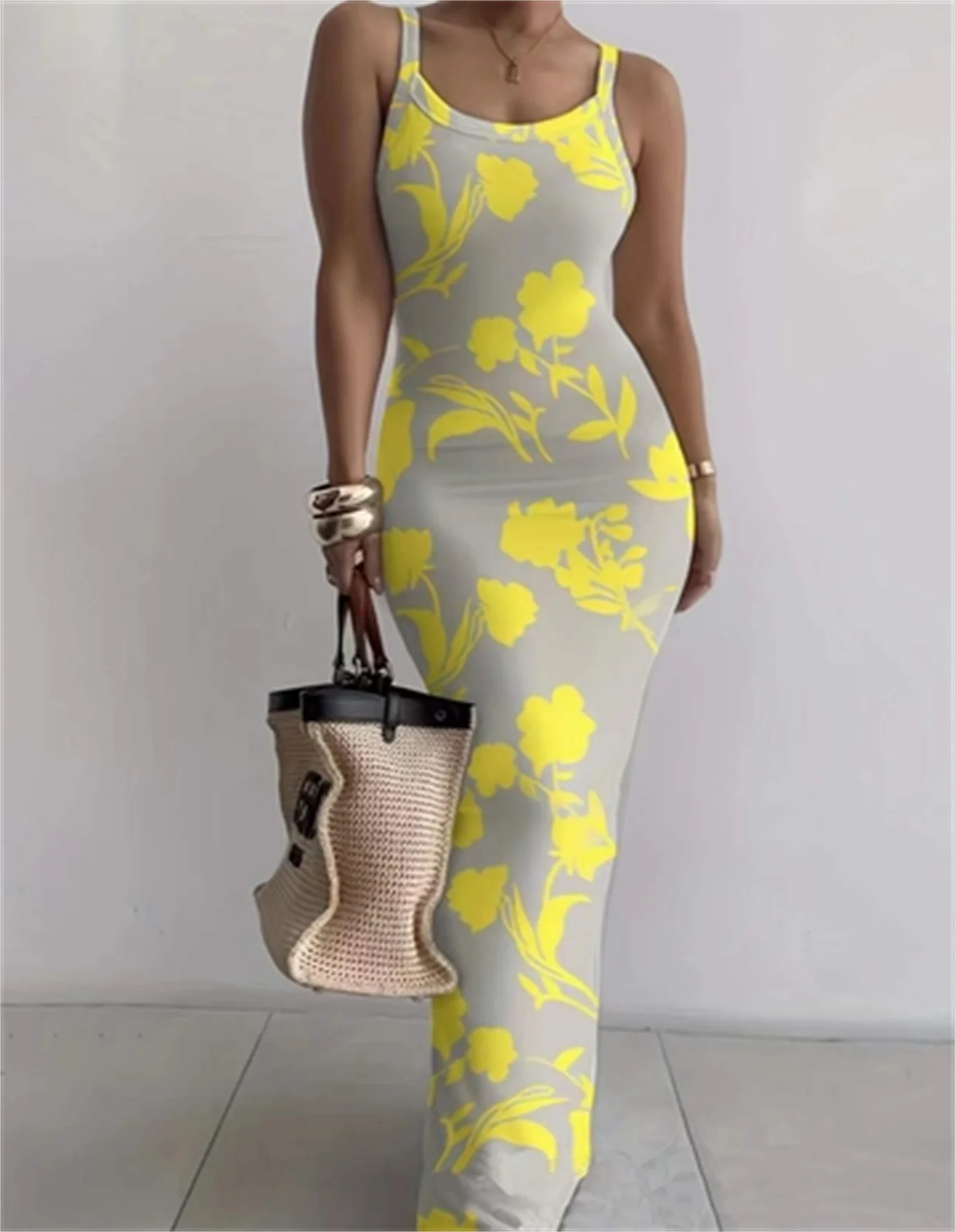 Abito Cami con stampa floreale da donna, Maxi abito Casual con spalline sottili per l'estate, abbigliamento da donna per le vacanze al mare