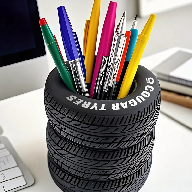 1 pçs divertido suporte de caneta em forma de pneu-organizador de mesa de pvc, ideal para material escolar e de escritório, acabamento pintado, material de escritório