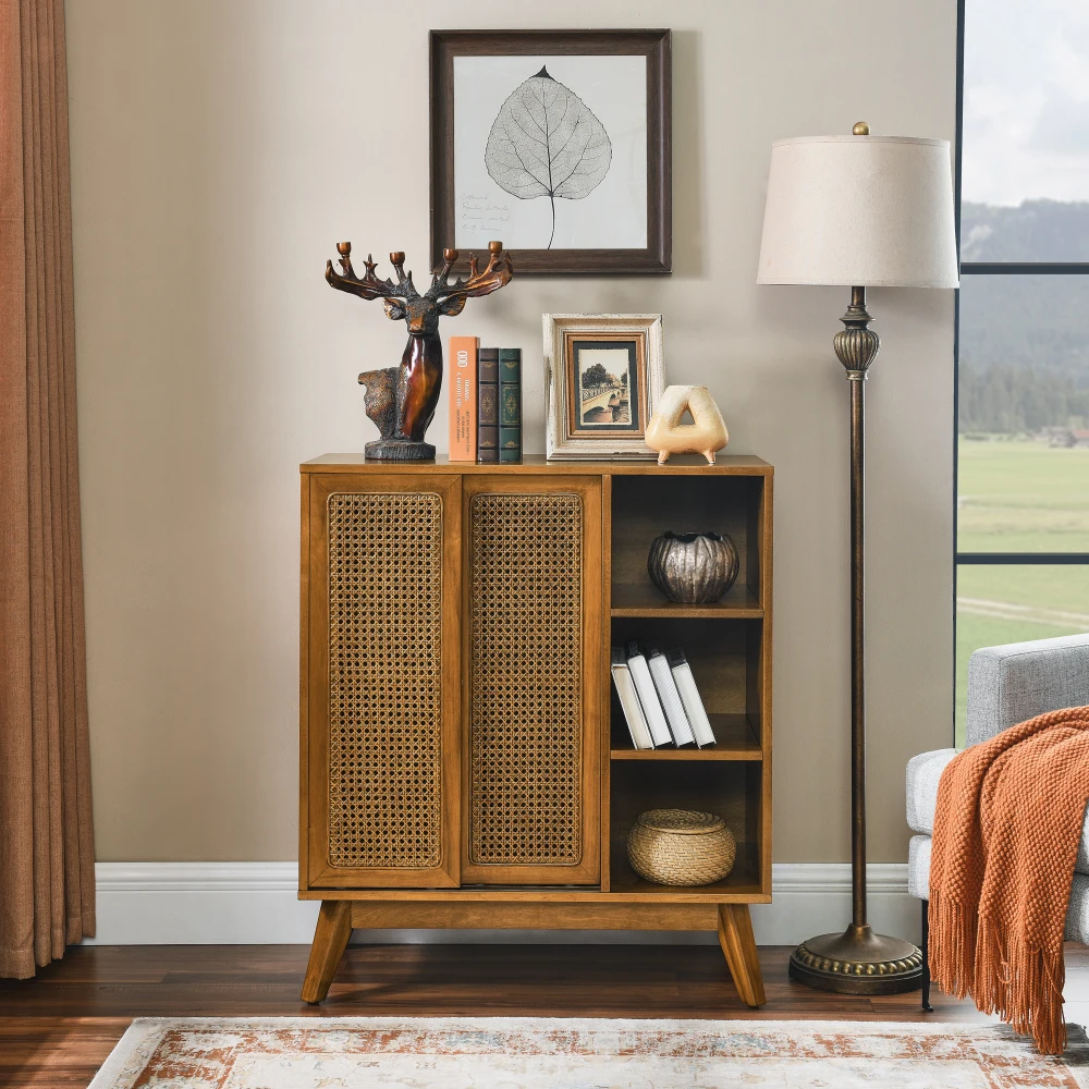 Mid-Century Modern Rattan Sideboard/Buffet Cabinet for all rooms, with Adjustable Shelf, Solid Wood Feet.