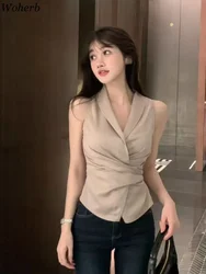 Sexy Blouses for Women Chic Y2k Pleated Bandage V-neck sleeveless Crop Tops Korean Temperament Shirts 2024 Blusas Mujer De Moda