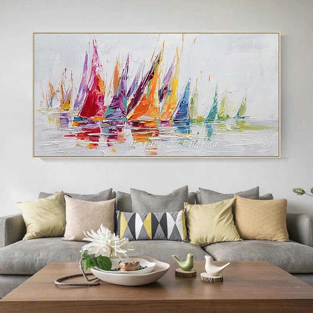 

Mintura, ручная роспись маслом парусной лодки на холсте, современное украшение дома, настенные художественные фотографии, декор комнаты, абстрактные постеры, произведения искусства