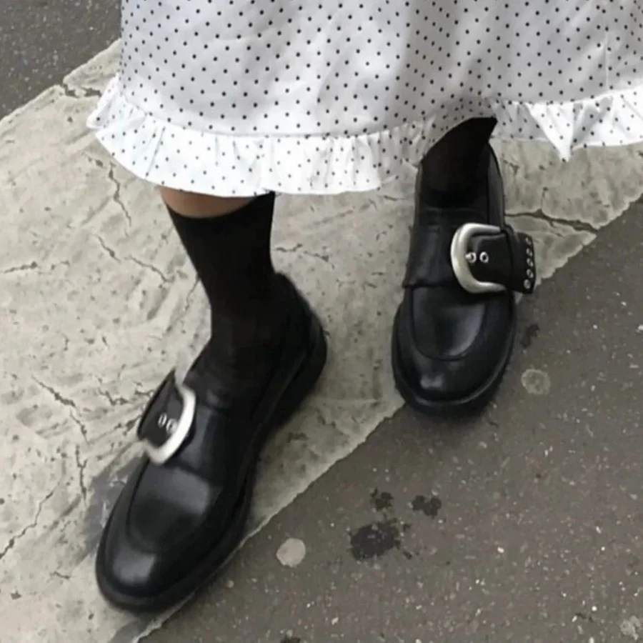 Vintage Black Leather Loafers Large Silver Buckle Decor Slip On Derby Shoes Retro Casual Dress Footwear Plus Size 36-45