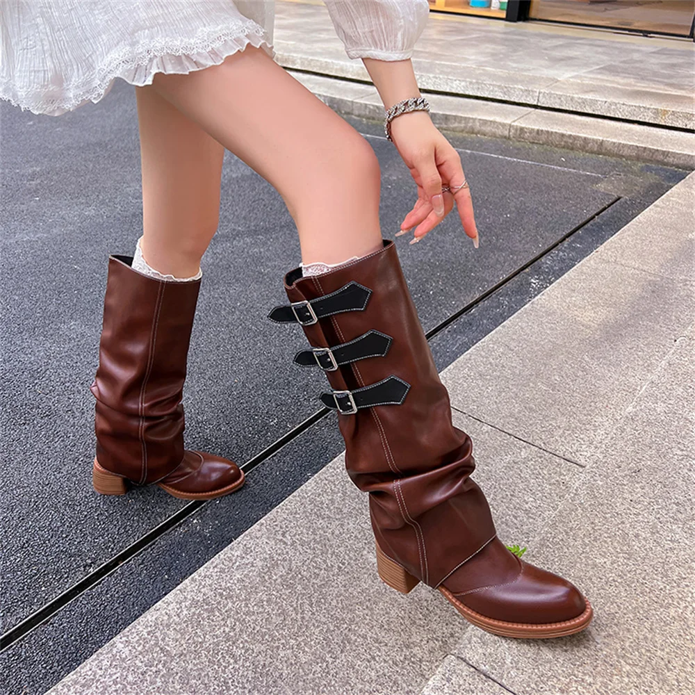 FEDONAS Women Knee High Boots Genuine Leather Buckles Long Motorcycle Boots Warm Punk Sexy Party Shoes High Motorcycle Boots