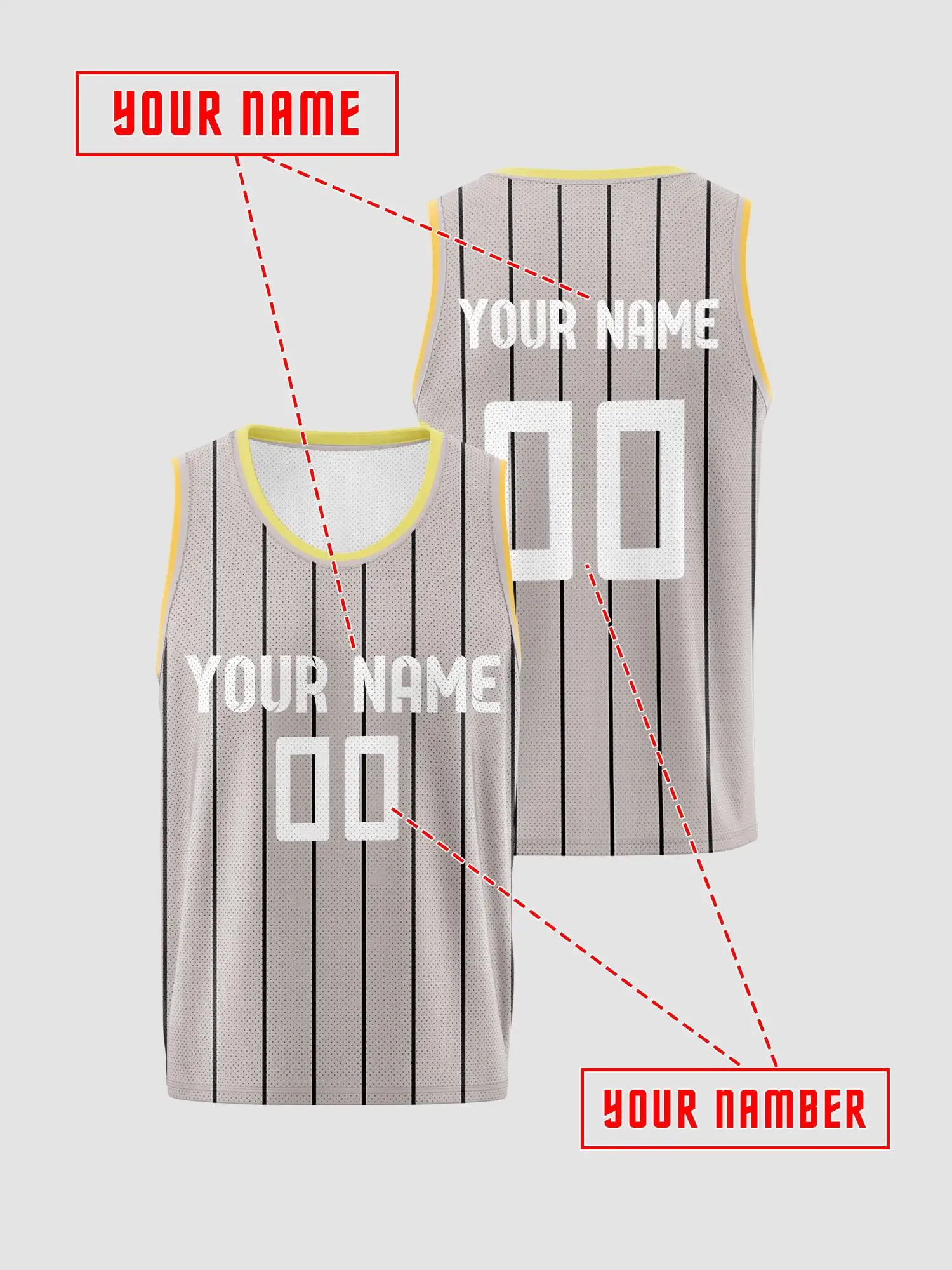 Light‑grey Vertical‑stripe Yellow‑trim Custom Basketball Jersey for Adults & Kids, Breathable Mesh, Custom‑Printed Name Number